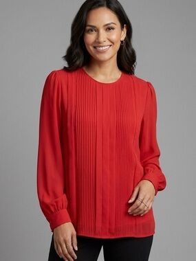 VTG Fay’s Closet Red Pleated Blouse Size 12 Sheer Long Sleeve Dressy Top